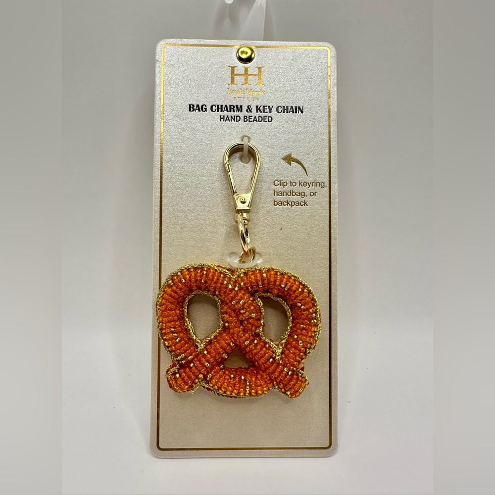 Haute Hippie Hand Beaded Pretzel Bag Charm Key Chain NEW